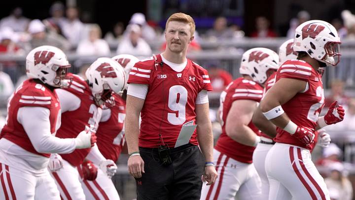 Sep 6, 2025; Madison, Wisconsin, USA; Injured Wisconsin quarterback Billy Edwards Jr. (9) its shown during the second quarter of the game against Middle Tennessee at Camp Randall Stadium. Mandatory Credit: Mark Hoffman/USA Today Network via Imagn Images