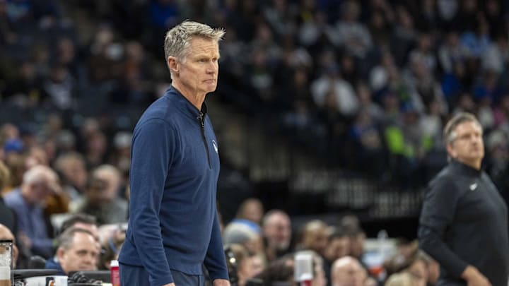 Jan 15, 2025; Minneapolis, Minnesota, USA; Golden State Warriors head coach Steve Kerr looks on against the Minnesota Timberwolves in the second half at Target Center. Mandatory Credit: Jesse Johnson-Imagn Images