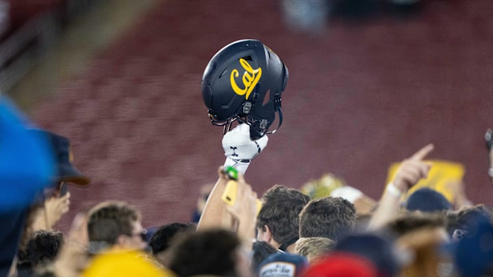 Nov 20, 2021; Stanford, California, USA; California Golden Bears helmet is raised into the air Nov 20, 2021; Stanford, California, USA; California Golden Bears helmet is raised into the air