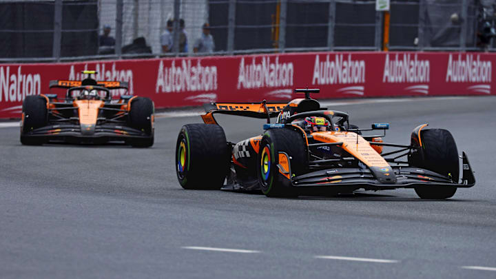 McLaren drivers Oscar Piastri and Lando Norris during the F1 Miami Grand Prix Sprint Race.