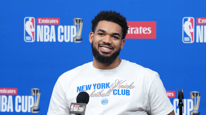 Dec 15, 2025; Las Vegas, NV, USA; New York Knicks center/forward Karl-Anthony Towns (32) at press conference prior to the Emirates NBA Cup championship at the T-Mobile Arena. Mandatory Credit: Kirby Lee-Imagn Images Dec 15, 2025; Las Vegas, NV, USA; New York Knicks center/forward Karl-Anthony Towns (32) at press conference prior to the Emirates NBA Cup championship at the T-Mobile Arena. Mandatory Credit: Kirby Lee-Imagn Images