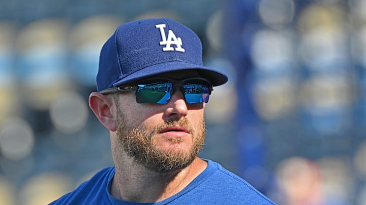 Jun 27, 2025; Kansas City, Missouri, USA;  Los Angeles Dodgers third baseman Max Muncy (13) looks on during batting practice before a game against the Kansas City Royals at Kauffman Stadium. Mandatory Credit: Peter Aiken-Imagn Images