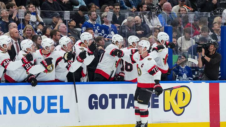 Oct 3, 2026; Toronto, Ontario, CAN;  Ottawa Senators defenseman Thomas Chabot (72) celebrates at the bench after scoring a goal against the Toronto Maple Leafs during the first period at Scotiabank Arena.  Mandatory Credit: Nick Turchiaro-Imagn Images