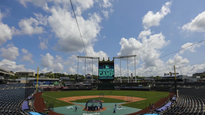 Jul 3, 2020; Kansas City, Missouri, USA; A general view of the field as players warm up during