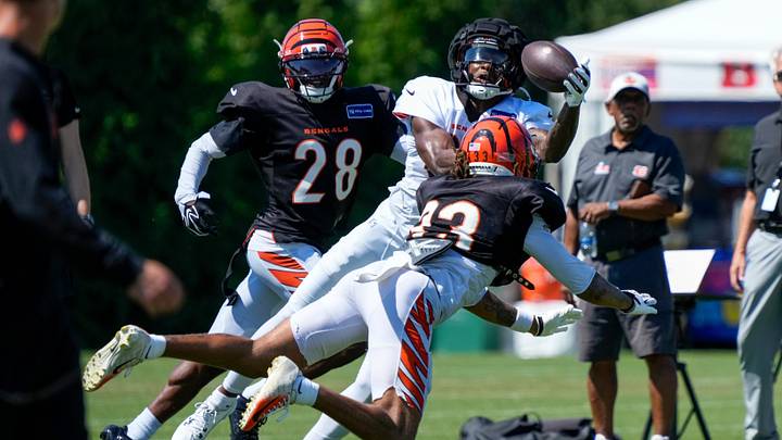 Cincinnati Bengals receiver Colbie Young (86) pulls in a pass during practice at the Paycor Stadium practice facility in downtown Cincinnati on Tuesday, Aug. 4, 2026. Cincinnati Bengals receiver Colbie Young (86) pulls in a pass during practice at the Paycor Stadium practice facility in downtown Cincinnati on Tuesday, Aug. 4, 2026.