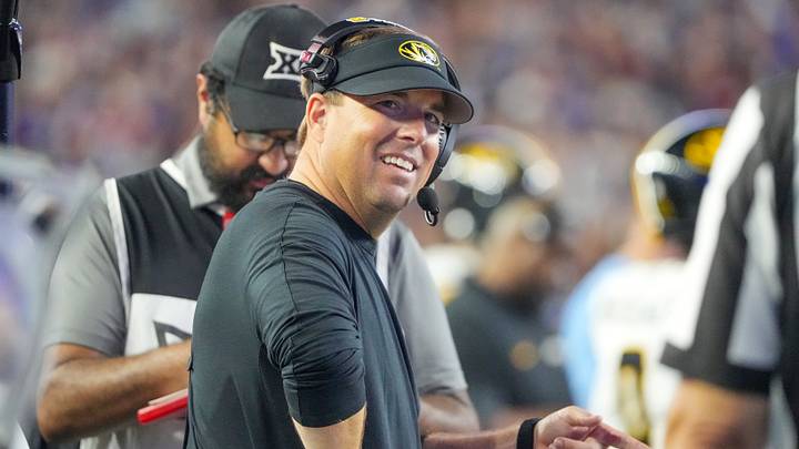 Sep 11, 2026; Lawrence, Kansas, USA; Missouri Tigers head coach Eli Drinkwitz on the sidelines against the Kansas Jayhawks during the second half of the game at David Booth Kansas Memorial Stadium. Mandatory Credit: Denny Medley-Imagn Images