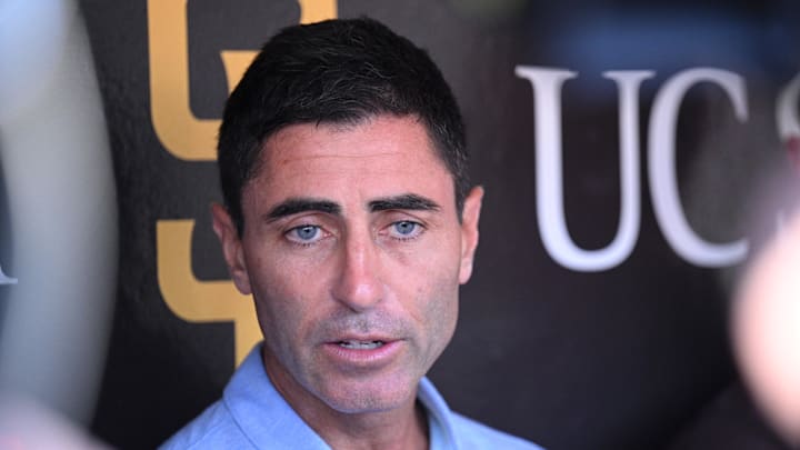 Aug 23, 2022; San Diego, California, USA; San Diego Padres general manager A.J. Preller speak to the media before the game against the Cleveland Guardians at Petco Park. Mandatory Credit: Orlando Ramirez-Imagn Images