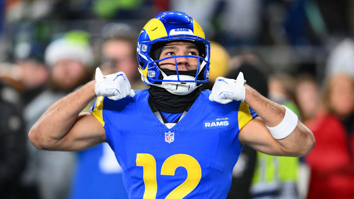 Los Angeles Rams wide receiver Puka Nacua (12) warms up before the game against the Seattle Seahawks at Lumen Field. Los Angeles Rams wide receiver Puka Nacua (12) warms up before the game against the Seattle Seahawks at Lumen Field.