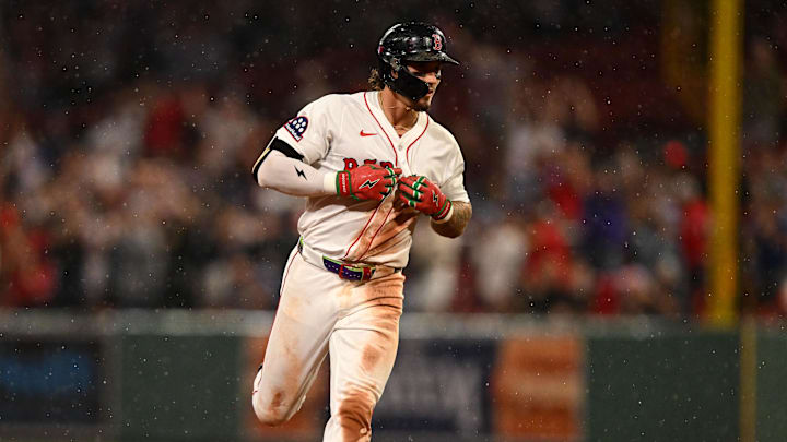 Jul 9, 2025; Boston, Massachusetts, USA; Boston Red Sox outfielder Jarren Duran (16) runs the bases after hitting a three-run home run against the Colorado Rockies during the eighth inning at Fenway Park. Mandatory Credit: Brian Fluharty-Imagn Images