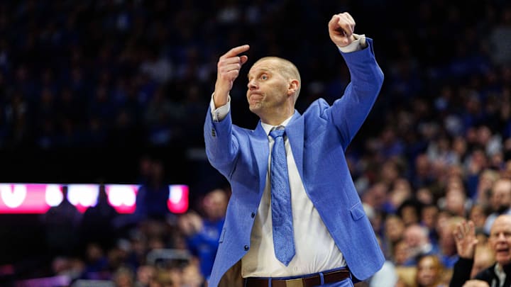 Dec 14, 2024; Lexington, Kentucky, USA; Kentucky Wildcats head coach Mark Pope directs his players during the second half against the Louisville Cardinals at Rupp Arena at Central Bank Center. Mandatory Credit: Jordan Prather-Imagn Images