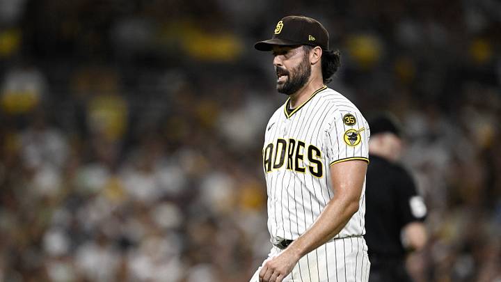 Oct 7, 2026; San Diego, California, USA;  San Diego Padres pitcher Robbie Ray (38) leaves the game during the fifth inning against the Milwaukee Brewers in game four of the NLDS for the 2026 MLB Playoffs at Petco Park.  Mandatory Credit: Denis Poroy-Imagn Images