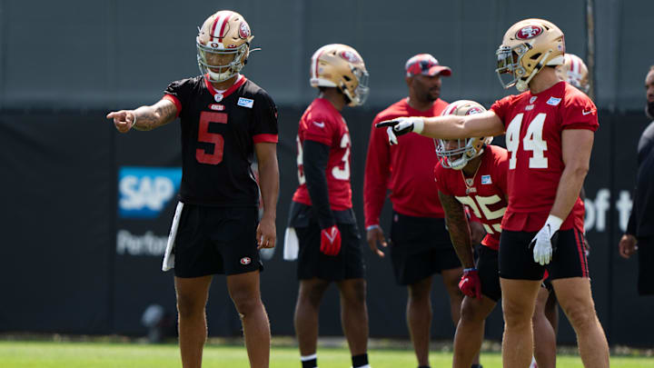 San Francisco 49ers quarterback Trey Lance (5) and fullback Kyle Juszczyk (44)