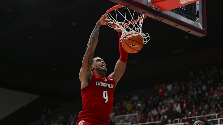 Jan 2, 2025; Stanford, California, USA; Louisville Cardinals forward Khani Rooths (9) dunks the ball during the first half against Stanford Cardinal at Maples Pavilion. Mandatory Credit: Justine Willard-Imagn Images