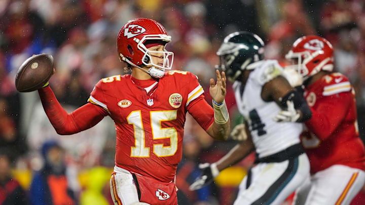 Nov 20, 2023; Kansas City, Missouri, USA; Kansas City Chiefs quarterback Patrick Mahomes (15) throws