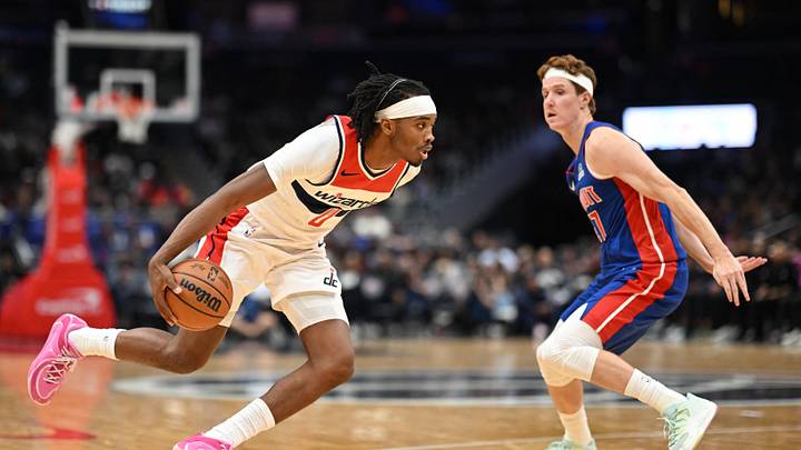 Oct 10, 2026; Washington, District of Columbia, USA; Washington Wizards guard Bilal Coulibaly (0) dribbles past Detroit Pistons guard Kevin Huerter (27) during the fourth quarter at Capital One Arena. Mandatory Credit: Rafael Suanes-Imagn Images Oct 10, 2026; Washington, District of Columbia, USA; Washington Wizards guard Bilal Coulibaly (0) dribbles past Detroit Pistons guard Kevin Huerter (27) during the fourth quarter at Capital One Arena. Mandatory Credit: Rafael Suanes-Imagn Images