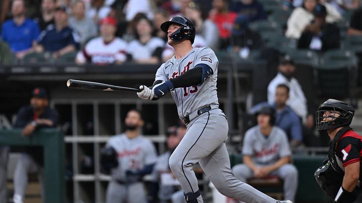 May 29, 2026; Chicago, Illinois, USA; Detroit Tigers catcher Dillon Dingler (13) hits a two-run home run against the Chicago White Sox during the third inning at Rate Field. Mandatory Credit: Patrick Gorski-Imagn Images