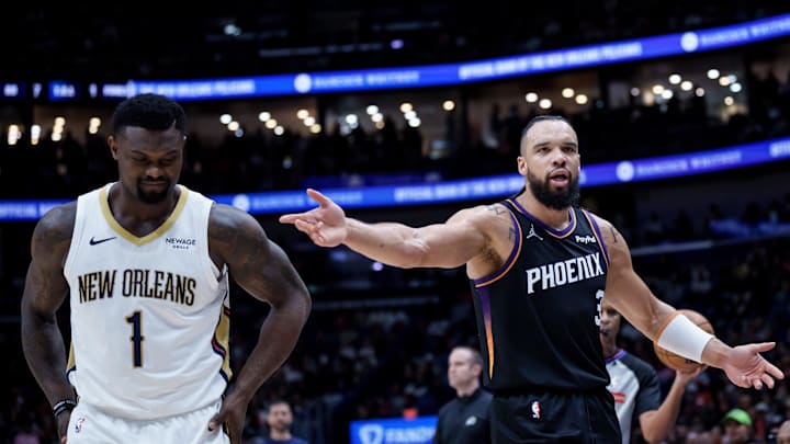 Dec 26, 2025; New Orleans, Louisiana, USA; Phoenix Suns forward Dillon Brooks (3) calls for a foul against New Orleans Pelicans forward Zion Williamson (1) during the first half at Smoothie King Center. Mandatory Credit: Matthew Hinton-Imagn Images Dec 26, 2025; New Orleans, Louisiana, USA; Phoenix Suns forward Dillon Brooks (3) calls for a foul against New Orleans Pelicans forward Zion Williamson (1) during the first half at Smoothie King Center. Mandatory Credit: Matthew Hinton-Imagn Images