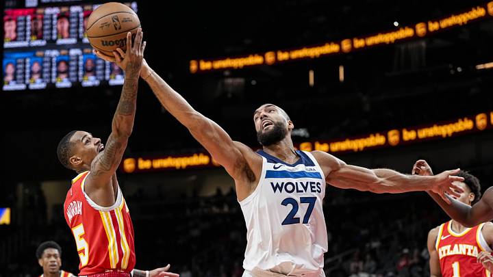 Oct 30, 2023; Atlanta, Georgia, USA; Minnesota Timberwolves center Rudy Gobert (27) and Atlanta