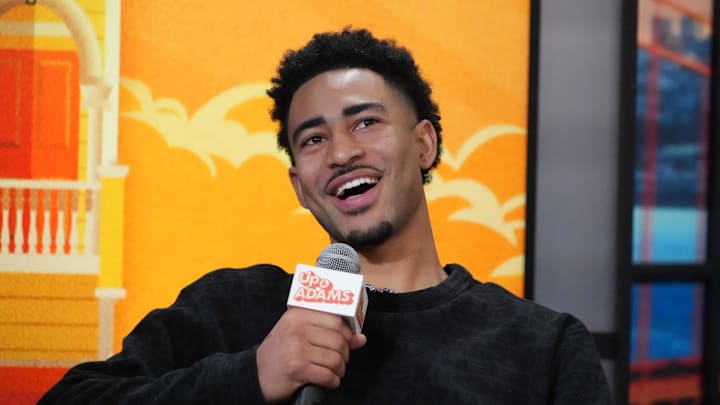 Carolina Panthers quarterback Bryce Young on the Up & Adams set at the Super Bowl LX media center 