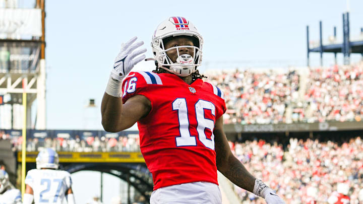 Oct 9, 2022; Foxborough, Massachusetts, USA; New England Patriots wide receiver Jakobi Meyers (16) reacts after scoring a touchdown against the Detroit Lions during the second half at Gillette Stadium. Mandatory Credit: Brian Fluharty-Imagn Images