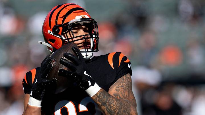 Cincinnati Bengals tight end Erick All Jr. (83) catches a pass before the NFL game between the Cincinnati Bengals and the Las Vegas Raiders at Paycor Stadium in Cincinnati on Sunday, Nov. 3, 2024. Cincinnati Bengals tight end Erick All Jr. (83) catches a pass before the NFL game between the Cincinnati Bengals and the Las Vegas Raiders at Paycor Stadium in Cincinnati on Sunday, Nov. 3, 2024.