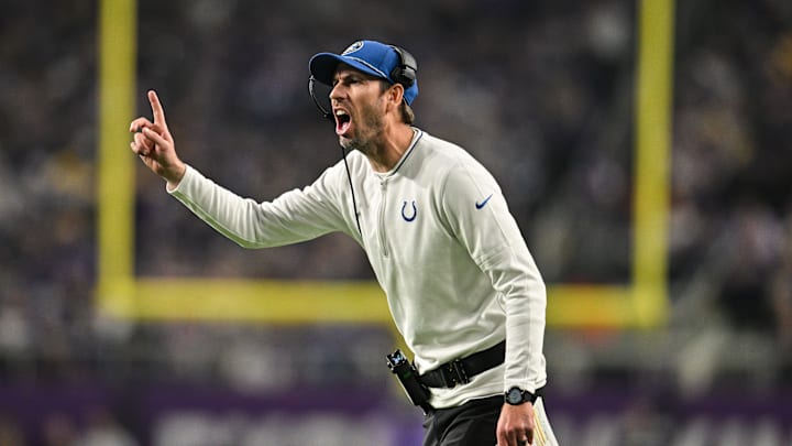 Nov 3, 2024; Minneapolis, Minnesota, USA; Indianapolis Colts head coach Shane Steichen reacts during the second quarter against the Minnesota Vikings at U.S. Bank Stadium. Nov 3, 2024; Minneapolis, Minnesota, USA; Indianapolis Colts head coach Shane Steichen reacts during the second quarter against the Minnesota Vikings at U.S. Bank Stadium.