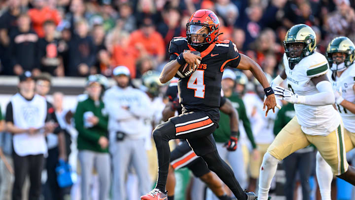 Oct 5, 2024; Corvallis, Oregon, USA; Oregon State Beavers quarterback Gevani McCoy (4) runs the ball for a touchdown against the Colorado State Rams during the second quarter at Reser Stadium. Mandatory Credit: Craig Strobeck-Imagn Images Oct 5, 2024; Corvallis, Oregon, USA; Oregon State Beavers quarterback Gevani McCoy (4) runs the ball for a touchdown against the Colorado State Rams during the second quarter at Reser Stadium. Mandatory Credit: Craig Strobeck-Imagn Images