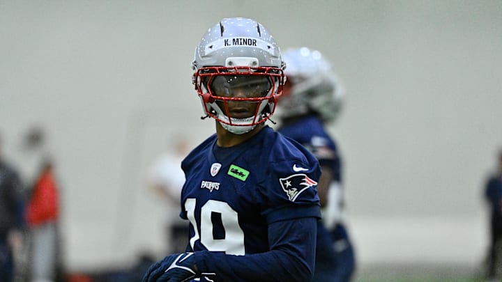 May 9, 2025; Foxborough, MA, USA; New England Patriots cornerback Kobee Minor (19) practices during rookie camp at Gillette Stadium. Mandatory Credit: Eric Canha-Imagn Images