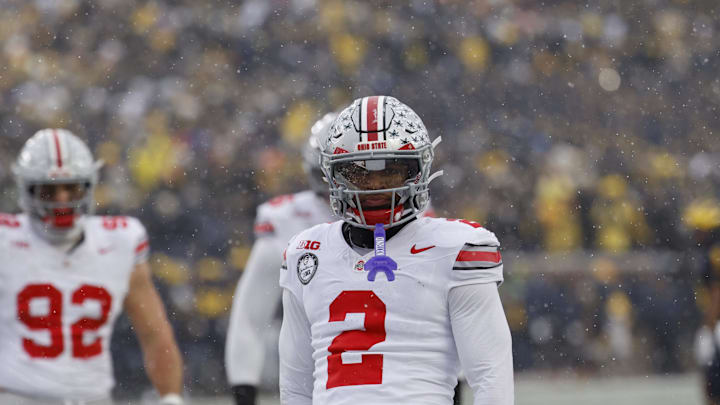 Nov 29, 2025; Ann Arbor, Michigan, USA; Ohio State Buckeyes defensive back Caleb Downs (2) reacts in the second half against the Michigan Wolverines  at Michigan Stadium. Mandatory Credit: Rick Osentoski-Imagn Images