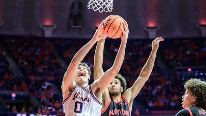 Jan 21, 2026; Champaign, Illinois, USA; Illinois Fighting Illini forward David Mirkovic (0) battles for a shot against Maryland Terrapins center Collin Metcalf (45) in the first half at State Farm Center. Mandatory Credit: Fred Zwicky-Imagn Images Jan 21, 2026; Champaign, Illinois, USA; Illinois Fighting Illini forward David Mirkovic (0) battles for a shot against Maryland Terrapins center Collin Metcalf (45) in the first half at State Farm Center. Mandatory Credit: Fred Zwicky-Imagn Images