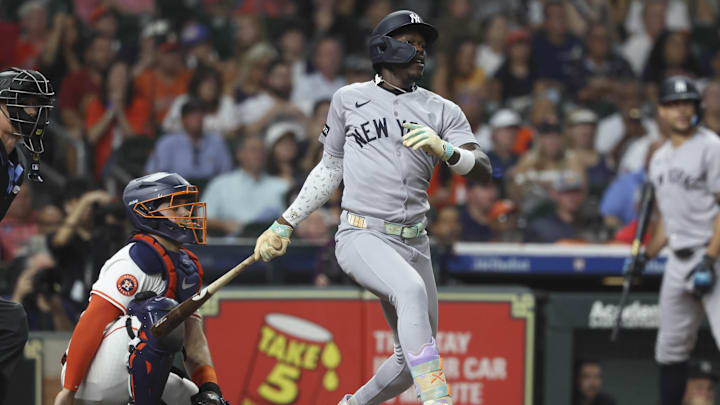 Sep 3, 2025; Houston, Texas, USA; New York Yankees second baseman Jazz Chisholm Jr. (13) hits a single during the fifth inning against the Houston Astros at Daikin Park. Mandatory Credit: Troy Taormina-Imagn Images