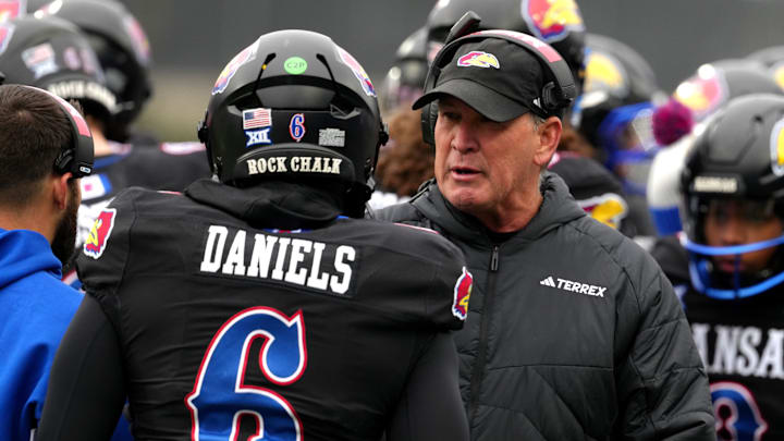 Kansas football quarterback Jalon Daniels and head coach Lance Leipold
