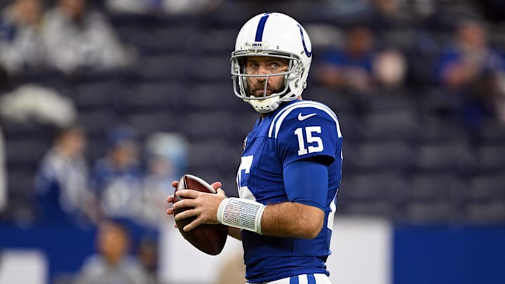 Jan 5, 2025; Indianapolis, Indiana, USA; Indianapolis Colts quarterback Joe Flacco (15) stands on the field before the game against the Jacksonville Jaguars at Lucas Oil Stadium.