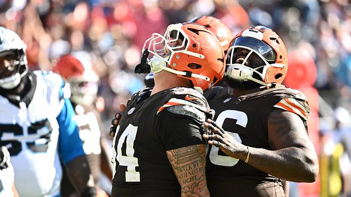 Sep 27, 2026; Cleveland, Ohio, USA;  Cleveland Browns defensive tackle Mason Graham (94) celebrates a sack with defensive tackle Maliek Collins (96) against the Carolina Panthers during the fourth quarter at Huntington Bank Field.  Mandatory Credit: Ken Blaze-Imagn Images