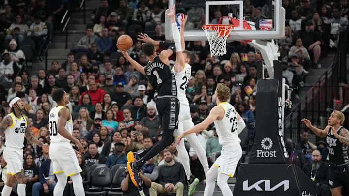 Dec 26, 2023; San Antonio, Texas, USA; San Antonio Spurs center Victor Wembanyama (1) goes up for a