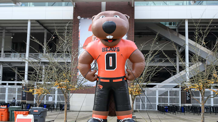 Nov 9, 2024; Corvallis, Oregon, USA; Oregon State Beavers giant inflatable mascot greets fans before the game against the San Jose State Spartans at Reser Stadium. Mandatory Credit: Craig Strobeck-Imagn Images