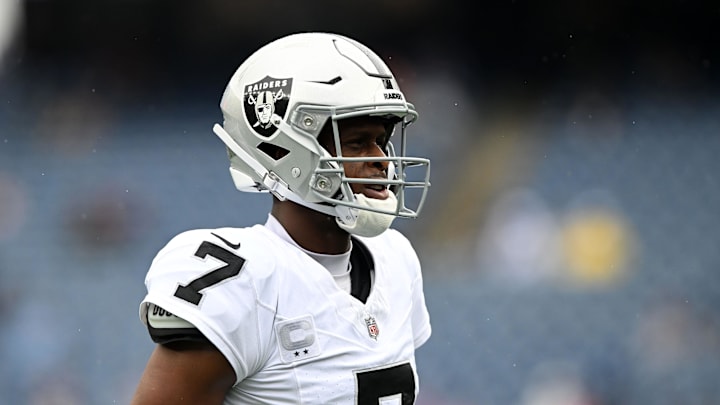 Sep 7, 2025; Foxborough, Massachusetts, USA; Las Vegas Raiders quarterback Geno Smith (7) practices before the game against the New England Patriots at Gillette Stadium. Mandatory Credit: Brian Fluharty-Imagn Images