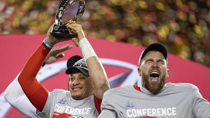 Kansas City Chiefs quarterback Patrick Mahomes (15) raises the Lamar Hunt Trophy with tight end Travis Kelce (87) after the AFC championship NFL game between the Cincinnati Bengals and the Kansas City Chiefs on Jan. 29, 2023, at Arrowhead Stadium in Kansas City. Kansas City Chiefs quarterback Patrick Mahomes (15) raises the Lamar Hunt Trophy with tight end Travis Kelce (87) after the AFC championship NFL game between the Cincinnati Bengals and the Kansas City Chiefs on Jan. 29, 2023, at Arrowhead Stadium in Kansas City.