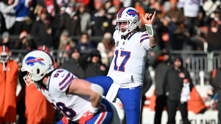 Dec 21, 2025; Cleveland, Ohio, USA;  Buffalo Bills quarterback Josh Allen (17) calls out signals against the Cleveland Browns during the first half at Huntington Bank Field.