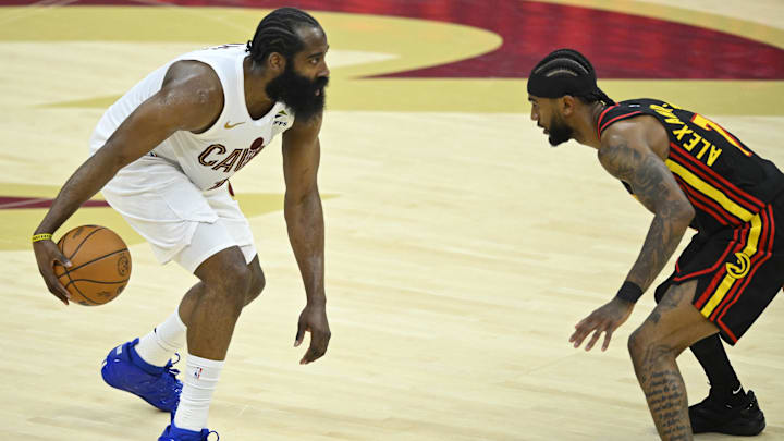 Apr 8, 2026; Cleveland, Ohio, USA; Cleveland Cavaliers guard James Harden (1) dribbles beside Atlanta Hawks guard Nickeil Alexander-Walker (7) in the fourth quarter at Rocket Arena. Mandatory Credit: David Richard-Imagn Images