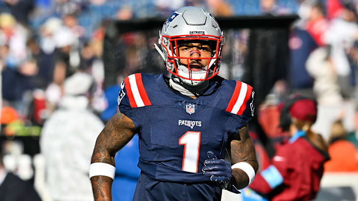 Nov 17, 2024; Foxborough, Massachusetts, USA;  New England Patriots wide receiver Ja'Lynn Polk (1) warms up before a game against the Los Angeles Rams at Gillette Stadium.