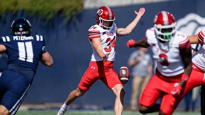 Sep 14, 2024; Logan, Utah, USA; Utah Utes punter Jack Bouwmeester (34) punts against the Utah State Aggies at Merlin Olsen Field at Maverik Stadium. Mandatory Credit: Jamie Sabau-Imagn Images Sep 14, 2024; Logan, Utah, USA; Utah Utes punter Jack Bouwmeester (34) punts against the Utah State Aggies at Merlin Olsen Field at Maverik Stadium. Mandatory Credit: Jamie Sabau-Imagn Images