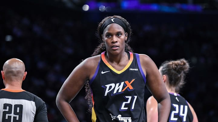 Jun 19, 2025; Brooklyn, New York, USA; Phoenix Mercury center Kalani Brown (21) during a game against the New York Liberty at Barclays Center. Mandatory Credit: John Jones-Imagn Images