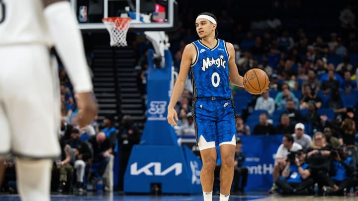 Orlando Magic guard Anthony Black (0) dribbles the ball against the Brooklyn Nets in the fourth quarter at Kia Center. 