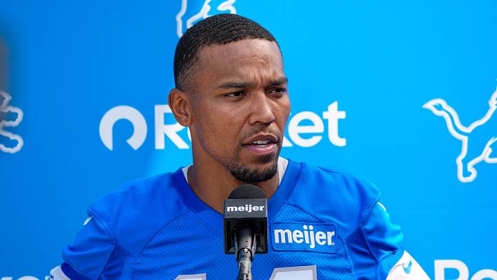 Detroit Lions wide receiver Amon-Ra St. Brown (14) speaks to media members after practice during training camp at Meijer Performance Center in Allen Park on Thursday, July 30, 2026.