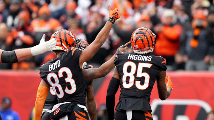 Jan 8, 2023; Cincinnati, Ohio, USA; Cincinnati Bengals running back Joe Mixon (28) celebrates a