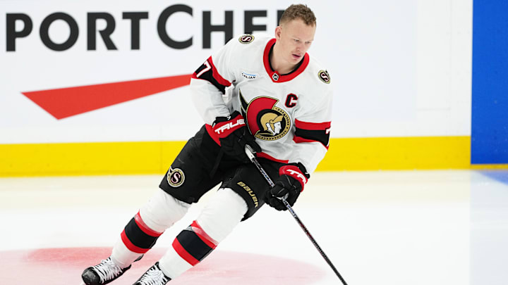 Nov 12, 2024; Toronto, Ontario, CAN; Ottawa Senators left wing Brady Tkachuk (7) skates during the warmup against the Toronto Maple Leafs at Scotiabank Arena. Mandatory Credit: Nick Turchiaro-Imagn Images