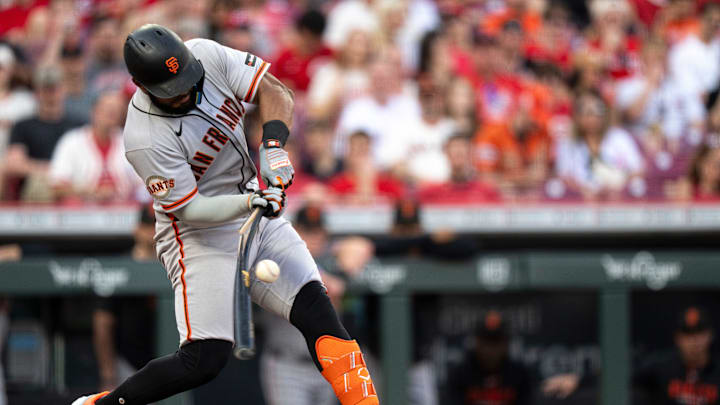 San Francisco Giants outfielder Heliot Ramos (17) breaks his bat before being thrown out at first in the second inning between the Cincinnati Reds and the San Francisco Giants at Great American Ball in Cincinnati on Tuesday, April 14, 2026. San Francisco Giants outfielder Heliot Ramos (17) breaks his bat before being thrown out at first in the second inning between the Cincinnati Reds and the San Francisco Giants at Great American Ball in Cincinnati on Tuesday, April 14, 2026.