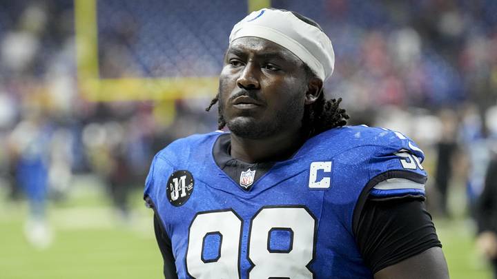 Dec 22, 2025; Indianapolis, Indiana, USA; Indianapolis Colts defensive tackle Eric Johnson II (98) leaves the field after losing a game against the San Francisco 49ers at Lucas Oil Stadium. Mandatory Credit: Christine Tannous-USA TODAY Network via Imagn Images