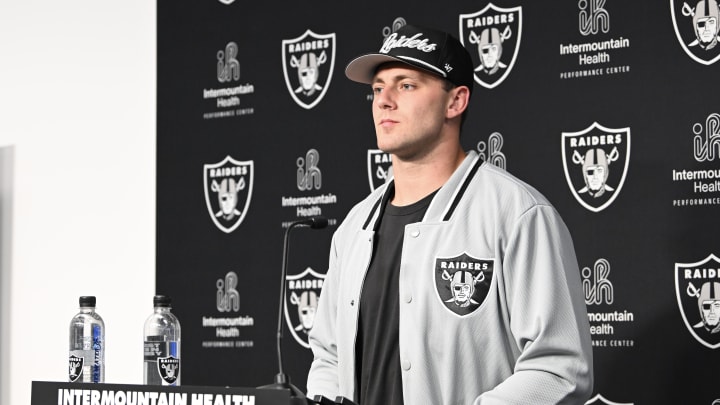 Apr 26, 2024; Henderson, NV, USA; Las Vegas Raiders tight end Brock Bowers speaks to the media at Intermountain Health Performance Center in Henderson, NV.  Mandatory Credit: Candice Ward-USA TODAY Sports